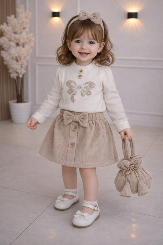 Ensemble fille élégant avec jupe, bandeau assorti et sac – Pull motif nœud pailleté