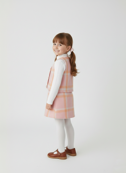 Robe Chasuble Enfant à Carreaux Rose Pastel avec Sous-Pull Blanc