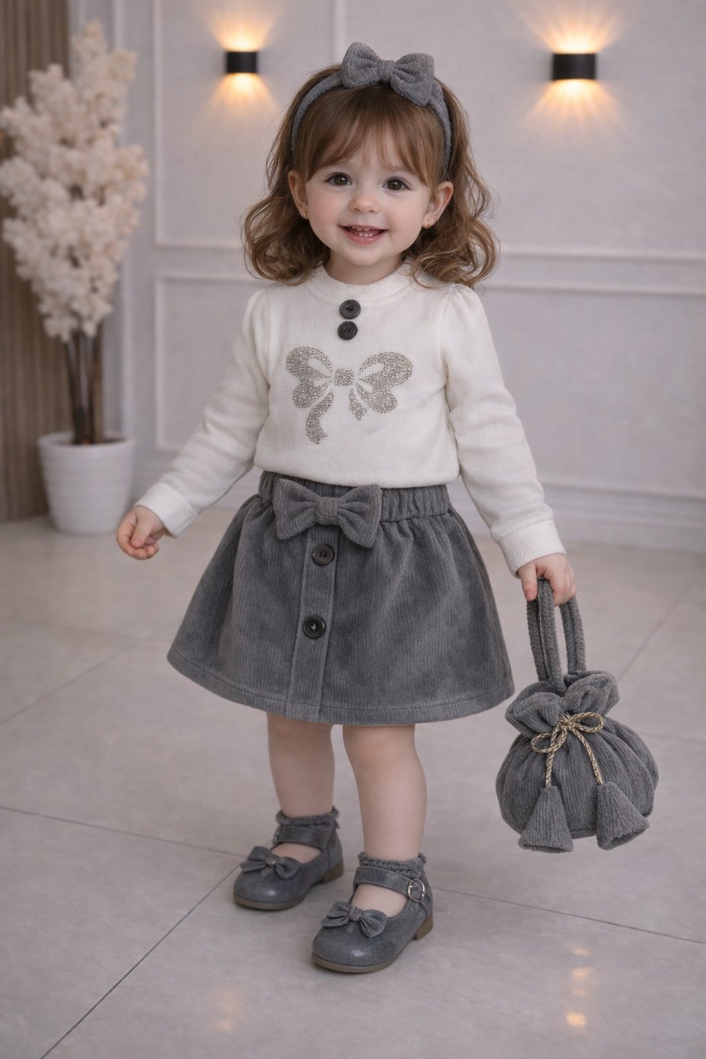 Ensemble fille élégant avec jupe, bandeau assorti et sac – Pull motif nœud pailleté