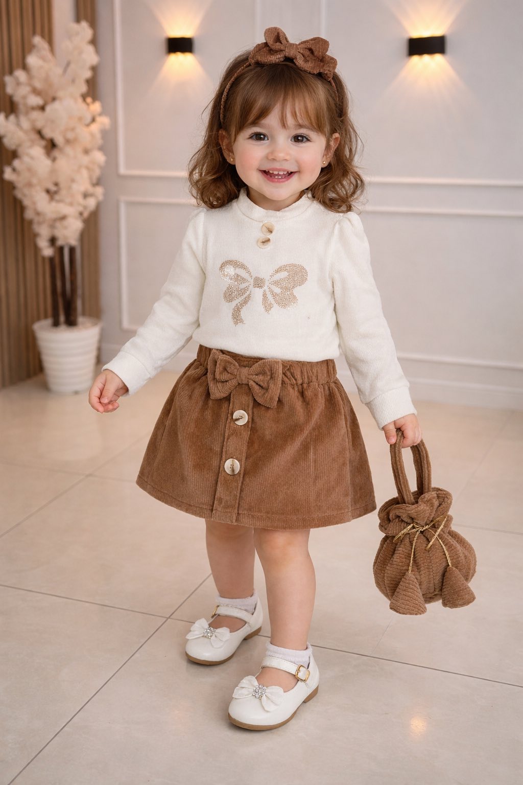 Ensemble fille élégant avec jupe, bandeau assorti et sac – Pull motif nœud pailleté