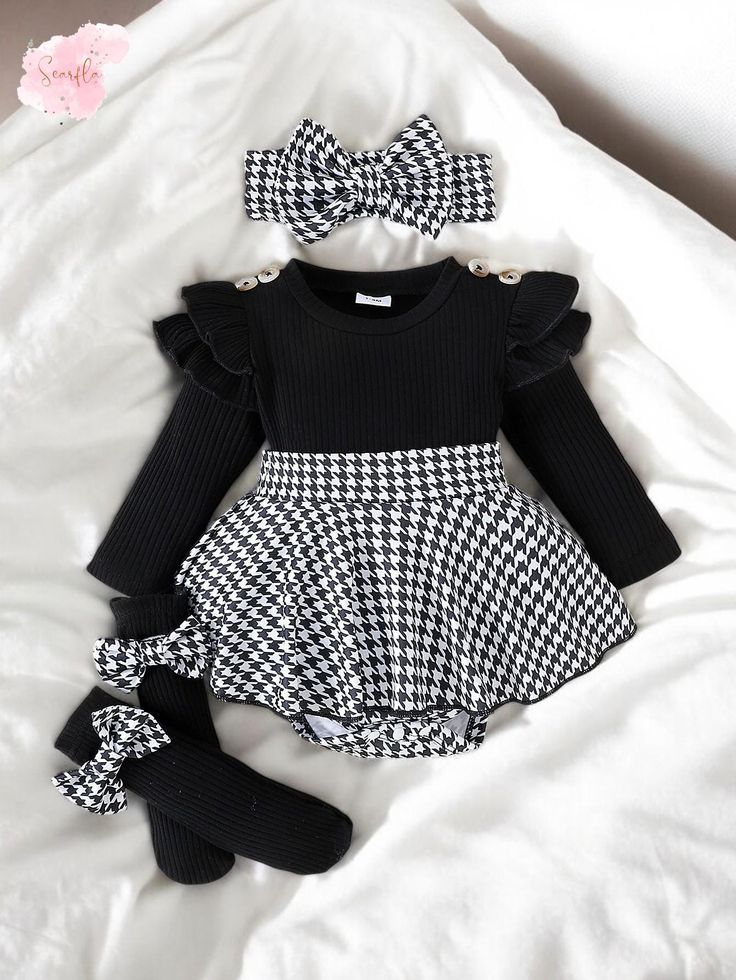 Ensemble jupe à carreaux noire et blanc pour bébé fille 4 pièces