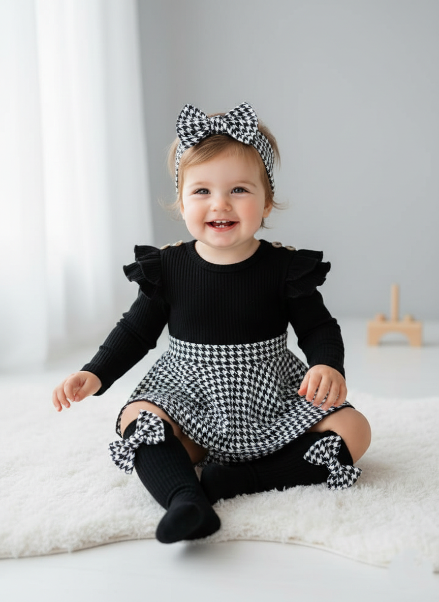 Ensemble jupe à carreaux noire et blanc pour bébé fille 4 pièces