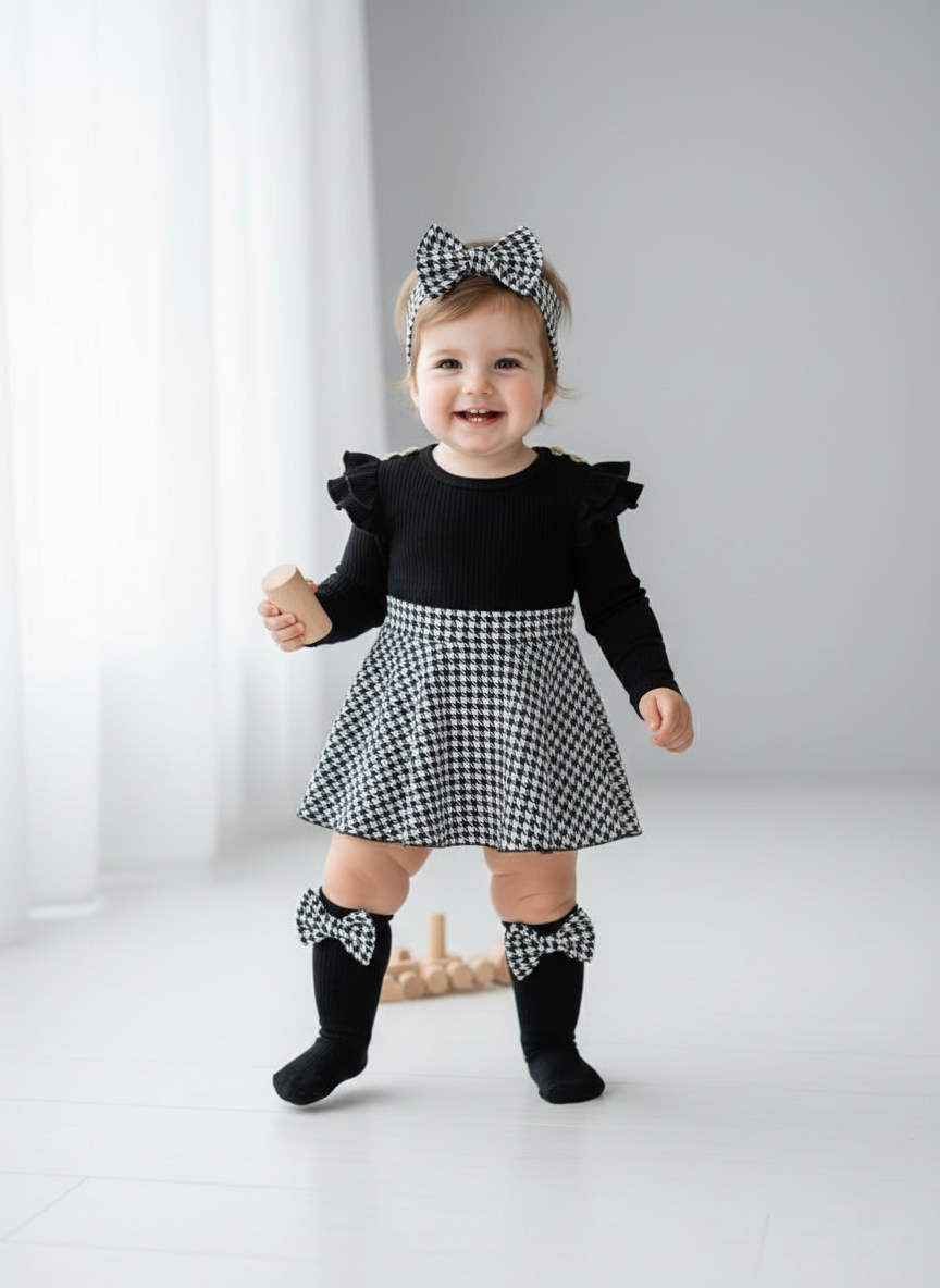 Ensemble jupe à carreaux noire et blanc pour bébé fille 4 pièces